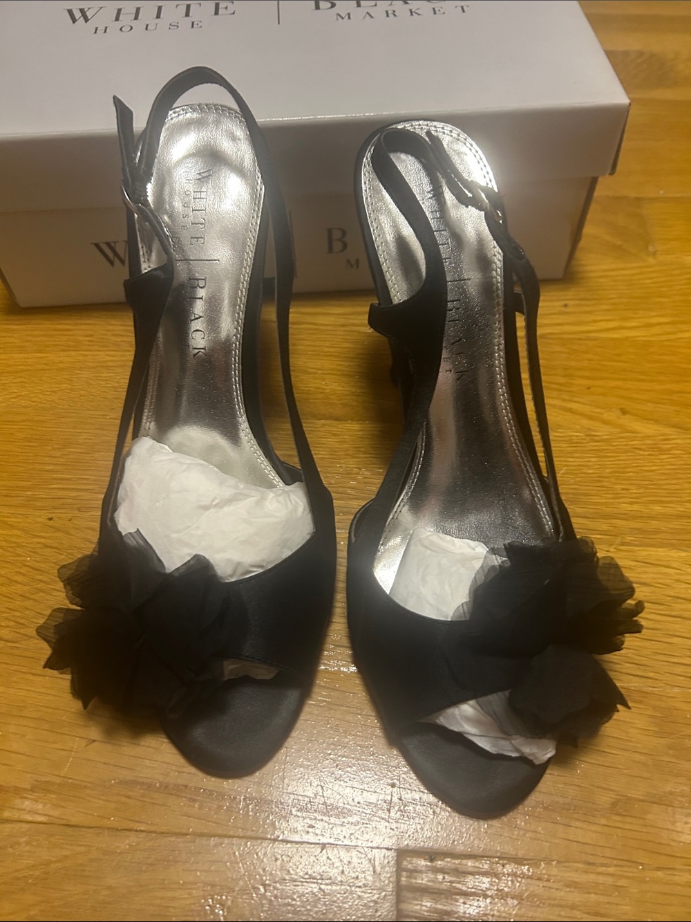 White House Black Market Black Floral Slingback Peep-Toe Heels
